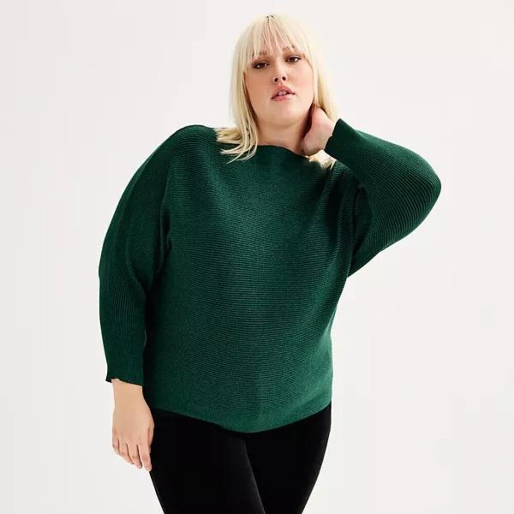 SIZE:1X PHILOSOPHY METALLIC SPRUCE GREEN DOLMAN SLV SWEATER